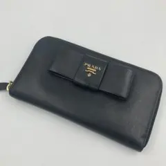 美品】プラダ 長財布 ラウンドファスナー リボン サフィアーノレザー ブラック