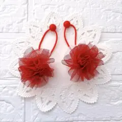 【17】ふわふわチュールヘアゴム♡ワインレッド×ピンク 2点セット/ハンドメイド
