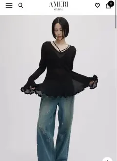 SHEER FRILL V NECK KNIT TOPのサムネイル