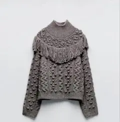 ZARA フリンジデザイン ケーブルニット グレー