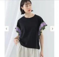 Ray BEAMS ライン ニット フリル スリーブ Tシャツのサムネイル