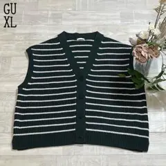 【GUジーユー】オーバーサイズ　ボーダーニットベスト　カーディガン　深緑×白XL