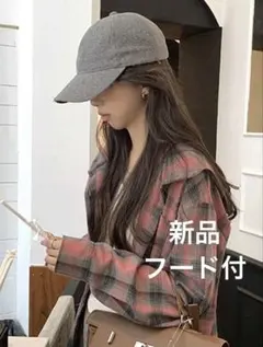 チェックシャツ　オーバーサイズ シャツ フード付き　L