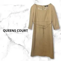 訳あり　クイーンズコート　ワンピース　膝丈　五分袖　ベージュ　ウエストリボン