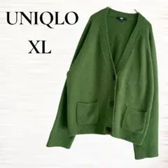Km18【UNIQLO】ニットカーディガン/グリーン/ウール混/Vネック/XL