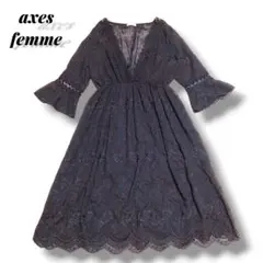 axes femme 黒のシフォンロングワンピース　花柄レース　アクシーズファム