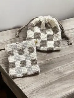 チェック柄の巾着袋とポーチセット⭐︎ハンドメイド