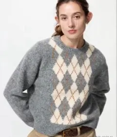 【新品】ユニクロ フラッフィクルーネックセーター Lグレーアーガイル柄