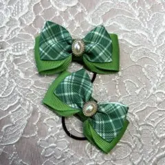 緑色チェックリボンヘアゴム2個セット