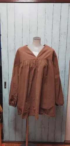 ブラウン系 シャツ 長袖たっぷりチュニック　オーバーサイズ 大きめサイズ
