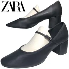 美品 ZARA ザラ 39 アンクルストラップ ヒールパンプス ブラック 本革