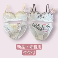 ノンワイヤーブラジャー&ショーツセット ホワイト&花柄 ホワイト&リボン柄 2組