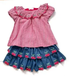 美品 メゾピアノ 半袖 カットソー チェリー ギンガム パフスリーブ 120