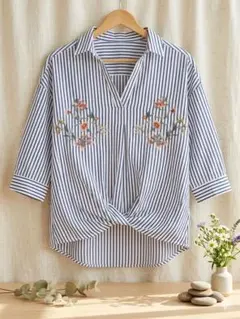☆美品☆ ボタニカル花柄刺しゅう＆ストライプ切替 ツイストデザインブラウス
