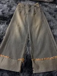 CLEL ヴィンテージデザイン ロールアップデニムパンツベージュ系S