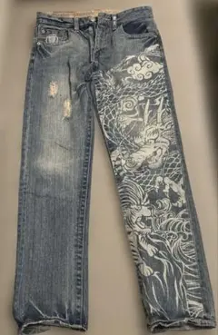 【美品、和柄】豊天商店 デニム ジーンズ 龍 虎 抜染プリント M 男女兼用のサムネイル