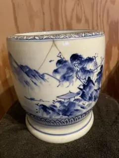 骨董　青白い山水画の火鉢 青白磁 山水画 火鉢 金魚鉢 睡蓮鉢 花器 レトロ - メルカリ