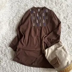 【Emago イマゴ】落ち葉刺繍チュニックシャツ　ブラウン　大人ナチュラル　綿
