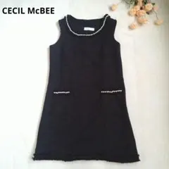 セシルマクビー【M】黒 ノースリワンピース パール装飾　フォーマル