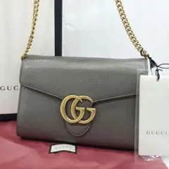 【美品】グッチ GGマーモント チェーン ショルダーバッグ レザー グレー