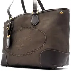 美品 プラダ ロゴ ジャガード トートバッグ 三角ロゴ 肩掛け A4可 ブラウン