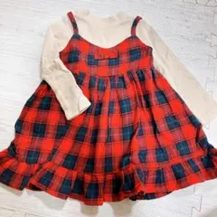 赤チェック 重ね着風ワンピース 赤 90 Loulou Ami