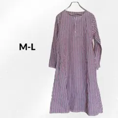 S1145【ヘンリーネック 長袖 シャツワンピース】M/L　ストライプ　綿100