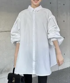 裾フレアバルーンスリーブシャツブラウス　Bonjour Sagan ホワイト