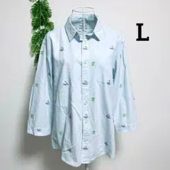 ♤グローバルワーク・メンズL 五分袖シャツ ライトブルー 刺繍入り 綿100%