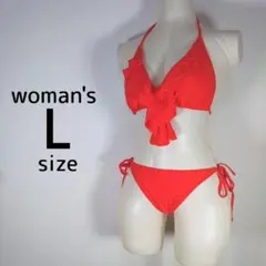レディース　L　赤　水着　ビキニ　フリル　セパレート　紐パン　レースワンピース
