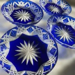 切子　コバルトブルー　ガラス皿4枚セット　青　切り子
