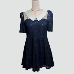 丸襟レースワンピース ブラック レディースM 清楚系 ガーリー フレアのサムネイル