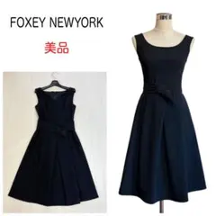 美品 フォクシー ベルト付 タックフレアワンピース ノースリーブ ブラック 38