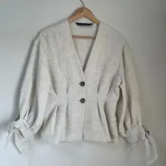 美品 ZARA ツイード ノーカラー ジャケット アイボリー M（Lサイズ相当）
