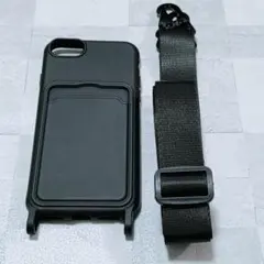 ネックストラップ iPhone7/8/SE 用 ケース 首肩掛け カード入れ 黒