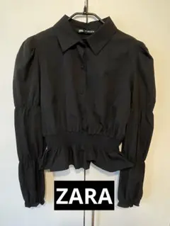 ZARA ブラウス パワーショルダー パフスリーブ　シャーリングシャツ ブラック