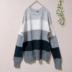 1点もの☆ ボーダー ニット セーター 【L】 レディース 長袖 グレー黒白