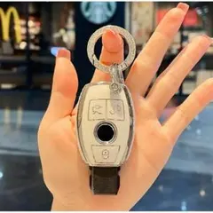 【セール】メルセデスベンツ　スマートキーケース　リング付き　 白×シルバー