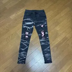 メンズ ダメージ加工 スキニーデニムパンツ ブラック ピンクのサムネイル