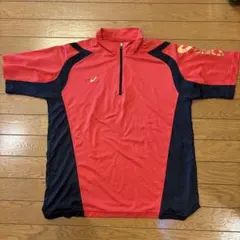 asics ハーフジップ スポーツウェア赤黒 半袖 メンズ