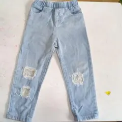 ライトブルーデニム長ズボン ダメージ加工