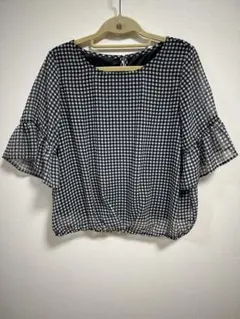 ギンガムチェック　シフォン　フリル袖　カットソー