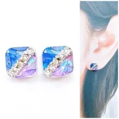 ブルー×パープルバイカラー7mmスクエアピアス/イヤリング　再販　人気