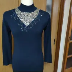 @10)ビーズ刺繍 ネイビー タートルネックセーター