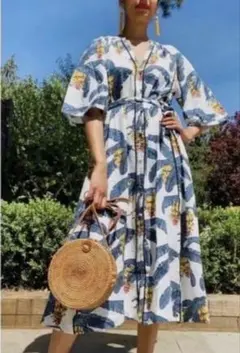 Ｈ＆Ｍ　葉 プリント ロング リゾート　ワンピースリネン混　ブルー コラボ M