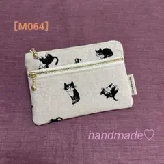 ハンドメイド　ミニダブルファスナーポーチ　ハチワレねこ　生成り