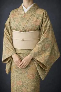 【J1198】着物 単品 紬風 袷 正絹 緑 オレンジ 黒 対象身長～157cm