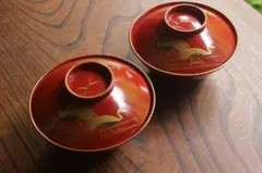 極小傷有！金縁朱漆に風情ある桐菊蒔絵の映える煮物椀2点（検会津塗