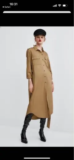 ザラロングワークシャツワンピースZARAベージュガウントレンチ無地ジャケット