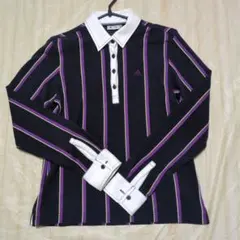 美品 adidas 長袖 ポロシャツ L ストライプ 刺繍ロゴ 黒 紫